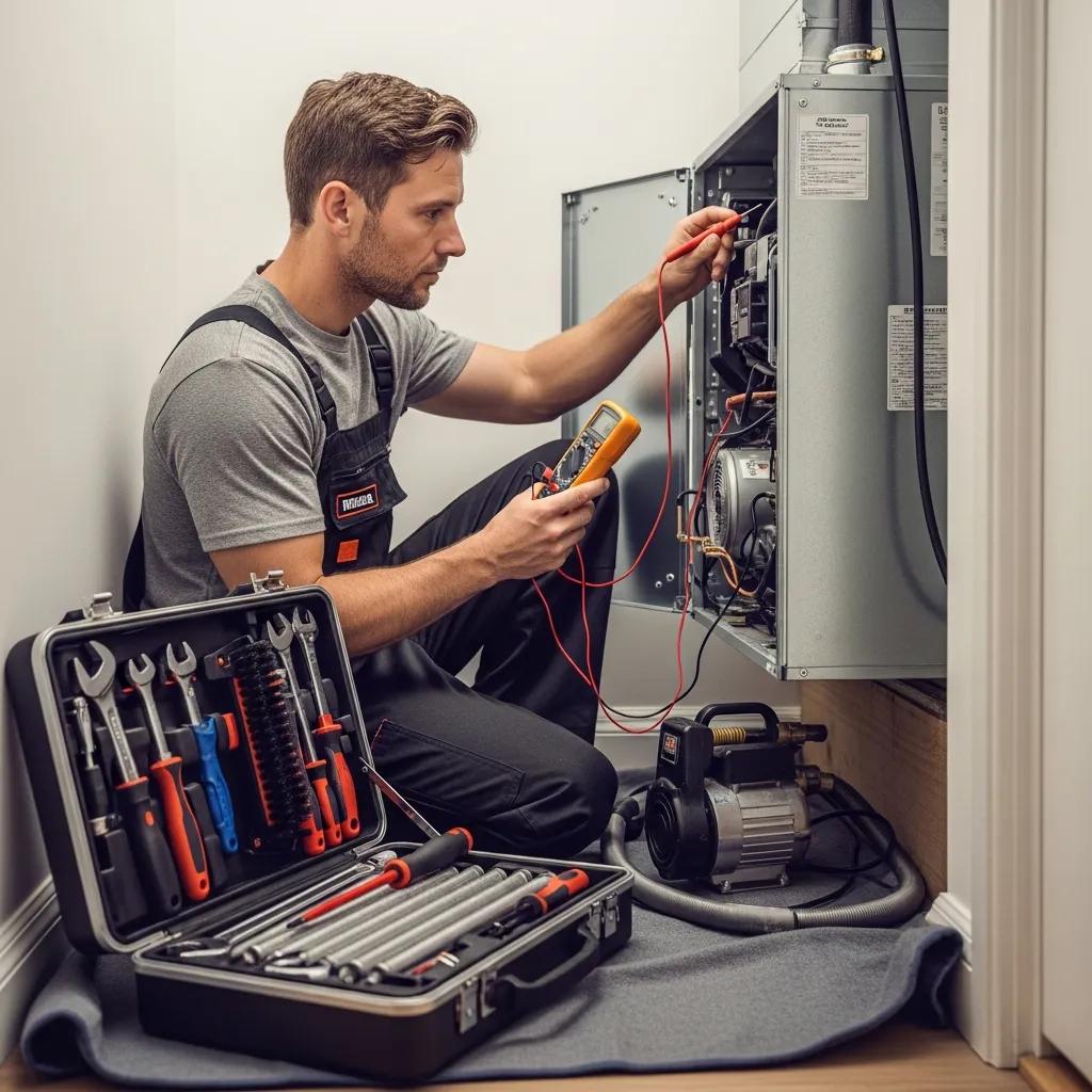 Technician performing preventative HVAC maintenance on a residential system